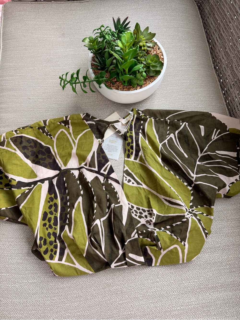 Olive and White Leaf-Print Cropped Top